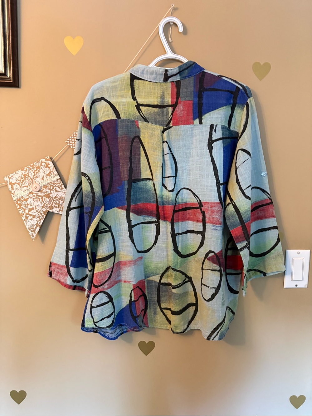 Italian Abstract Multicolor Linen-Blend Tunic Top - Relaxed V-Neck - Picture 10 of 10